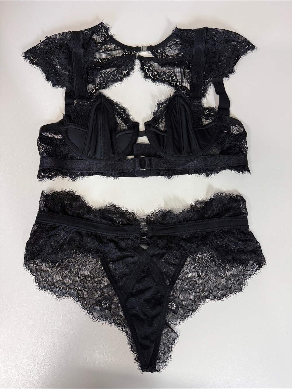 Thistle and Spire Black Lace Underwire Bra & Lace Bikini Brief Set